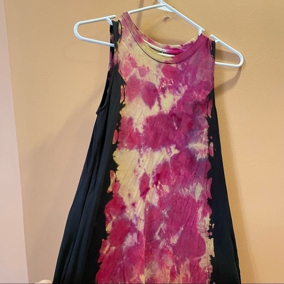 Reverse tie dye dress sleeveless pockets color block purple magenta black S - Picture 2 of 9